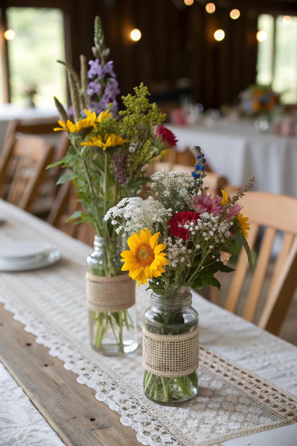 Colorful untamed bloom arrangements bringing nature to the table.