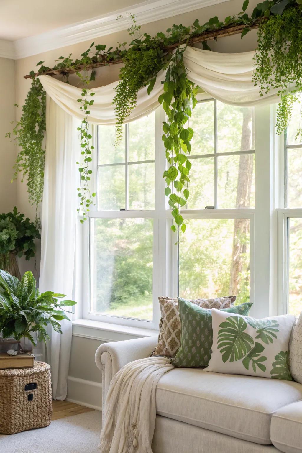 A nature-inspired living room with a valance decorated with greenery, creating a serene atmosphere.