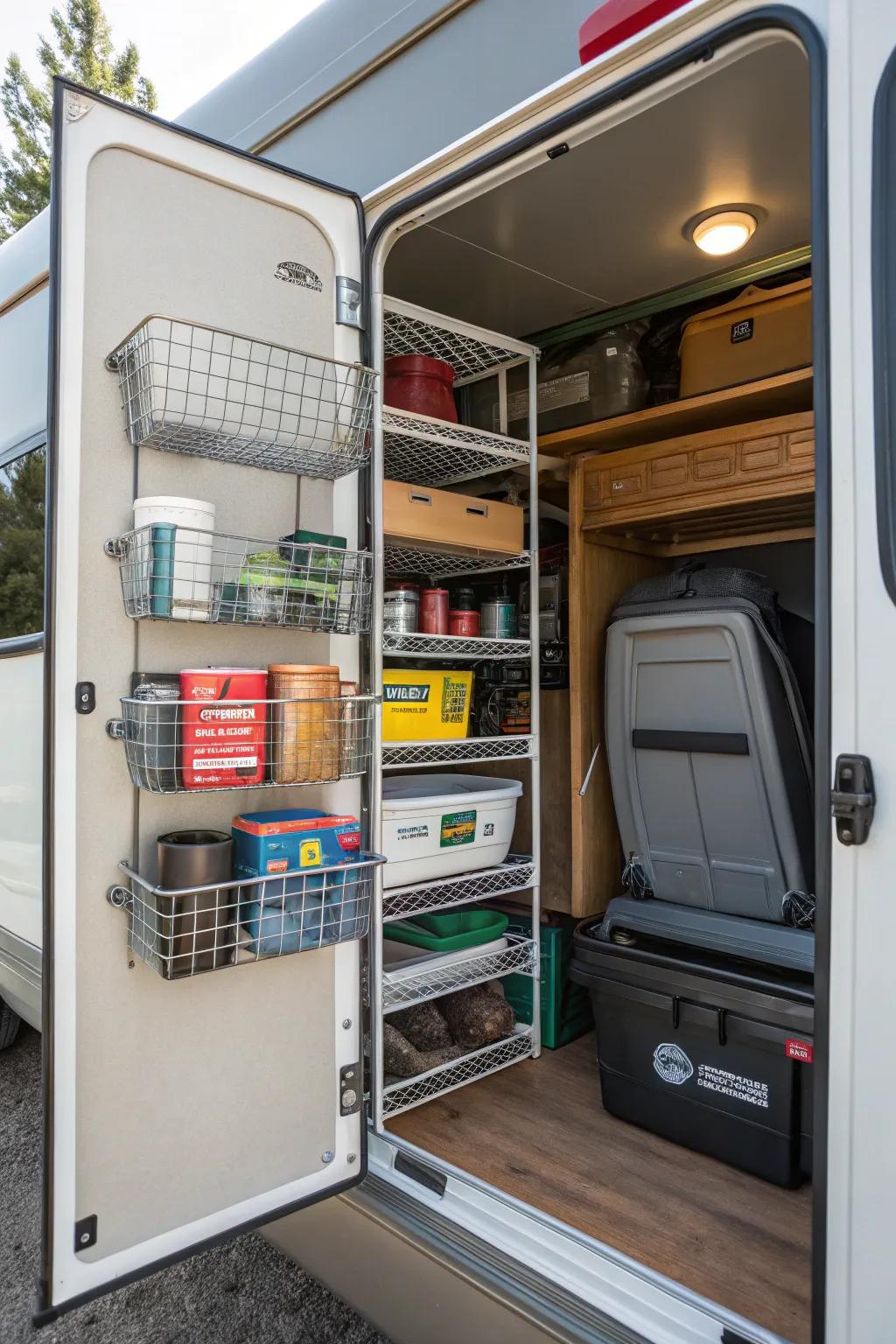 Wire baskets offer durable storage solutions for an RV closet.