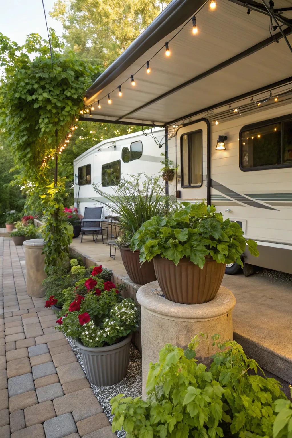 Greenery injects life and vibrancy into your RV patio.