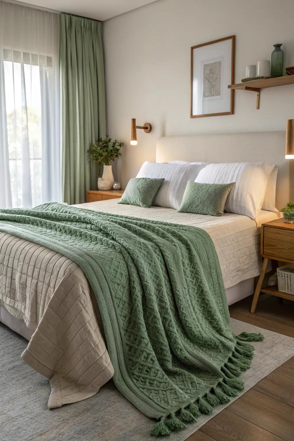 Incorporate style and comfort using a soft green throw.