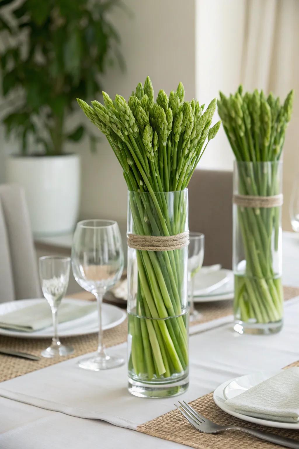 Soft green stems beautifully presented in clear glassware.