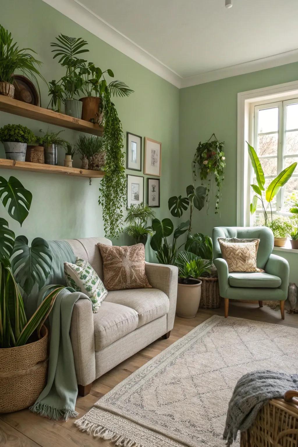 Potted flora bring life and vibrancy to a sage green living room.
