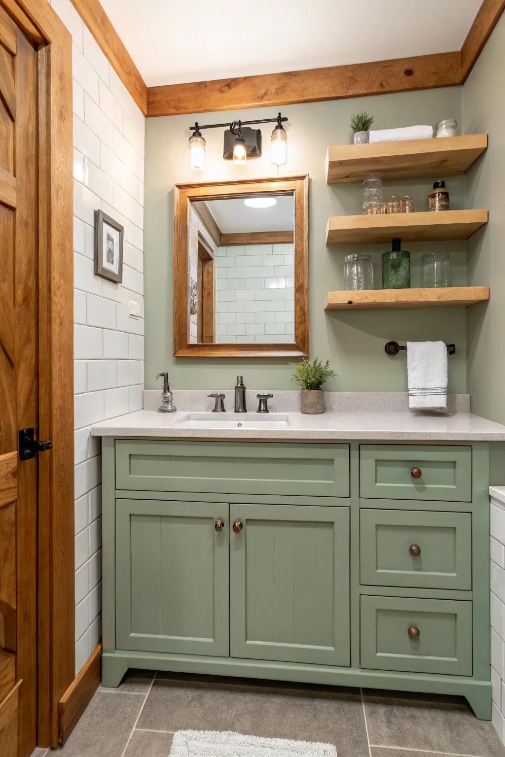 A cozy bathroom featuring a sage green vanity and natural timber accents.