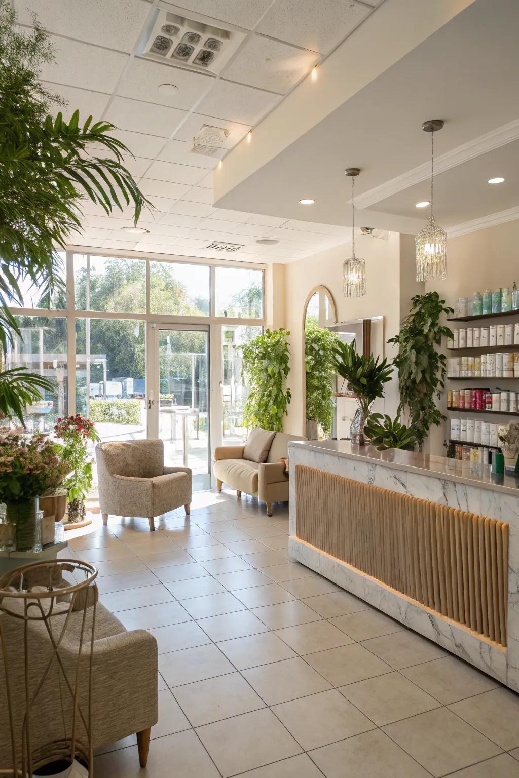 A salon entry filled with sunlight, creating a bright and airy environment.