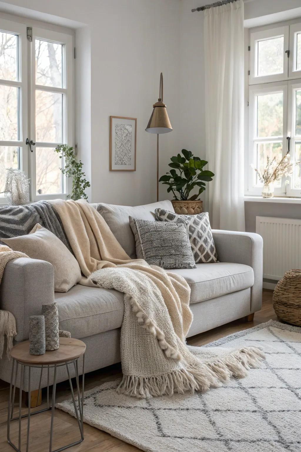 Comfortable throws and cushions add warmth to the Scandinavian lounge.