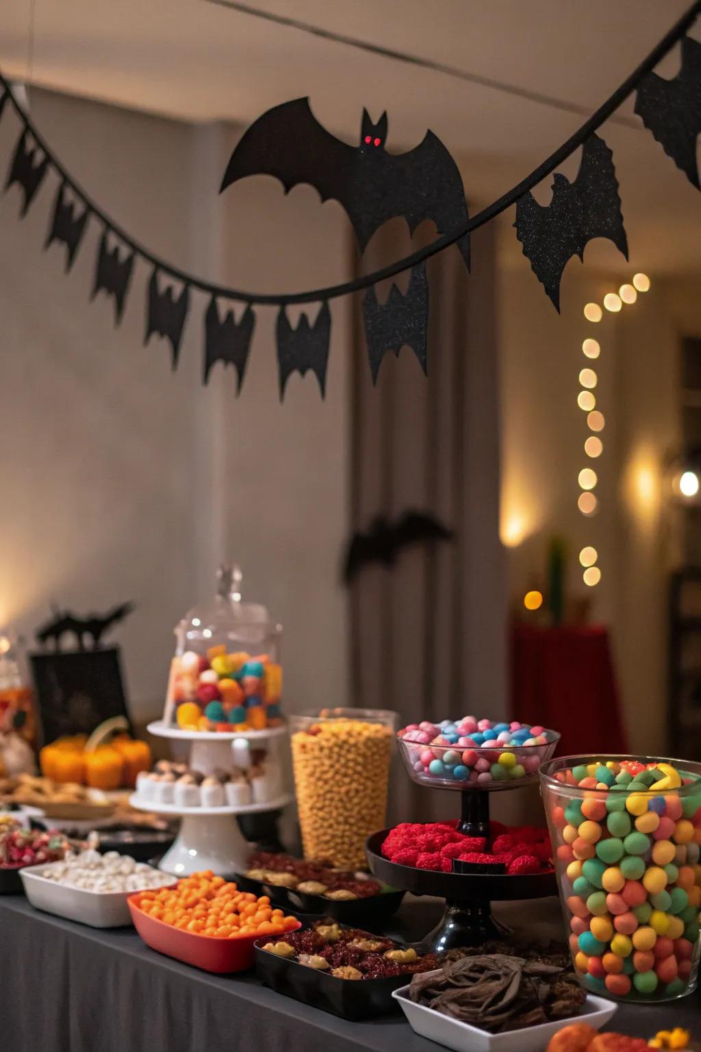 Flying rodent bunting infuses a vibrant and eerie element.