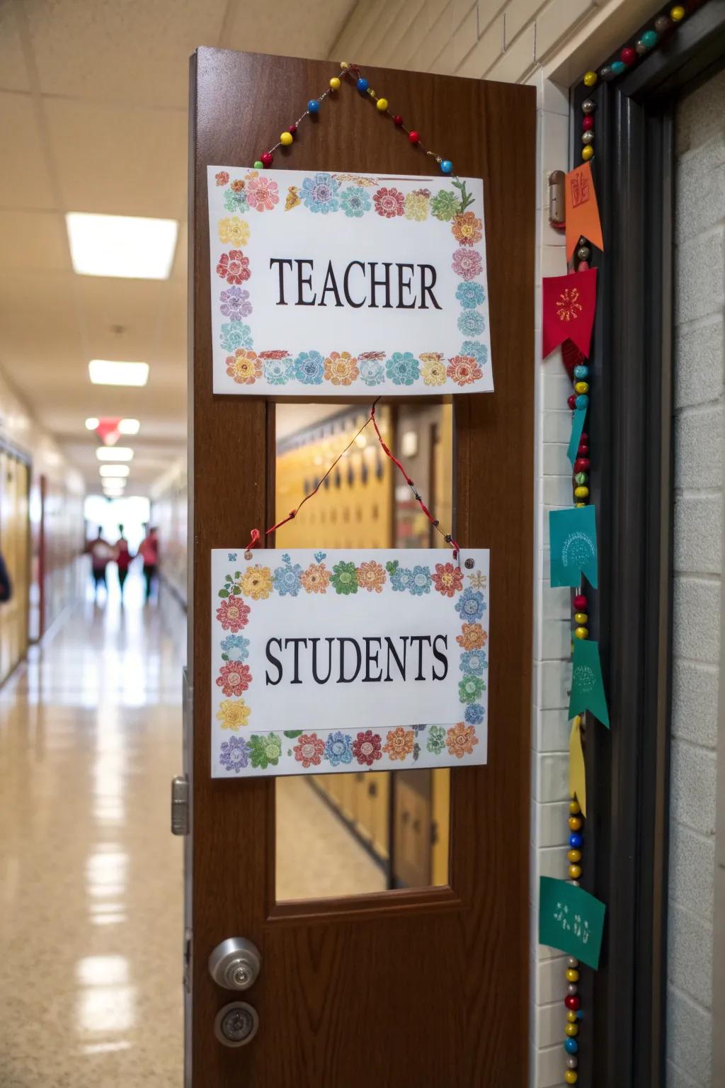 A personalized school door showcasing educator and student designations.