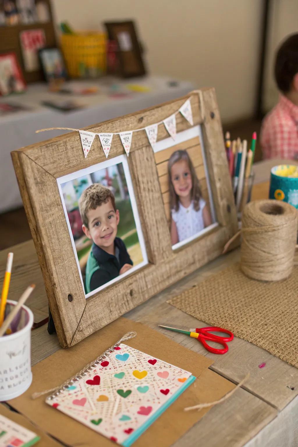A handcrafted frame made for displaying school photos.