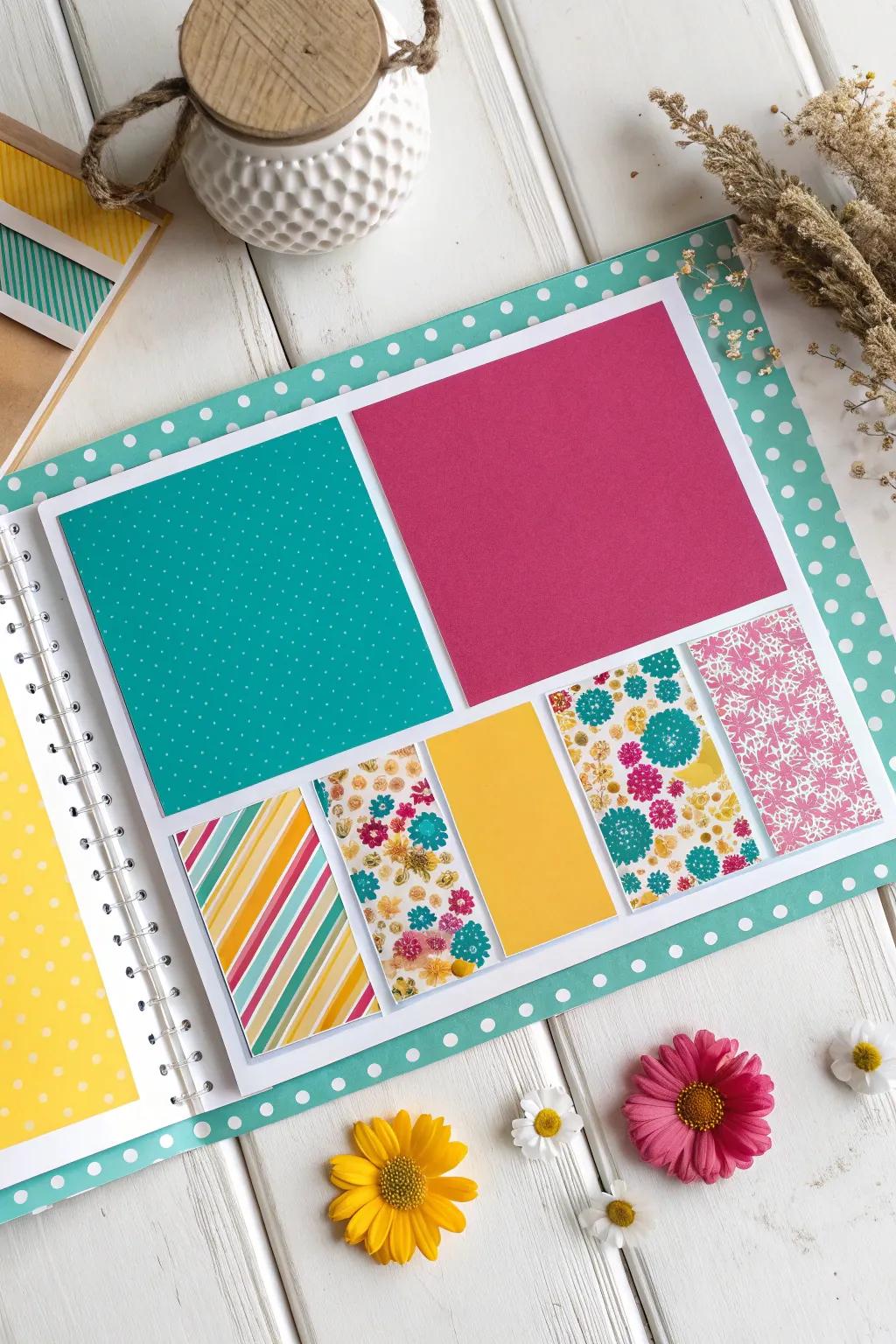Infuse your scrapbook with vibrant energy by using strong colors and mixed patterns for a lively and engaging layout.