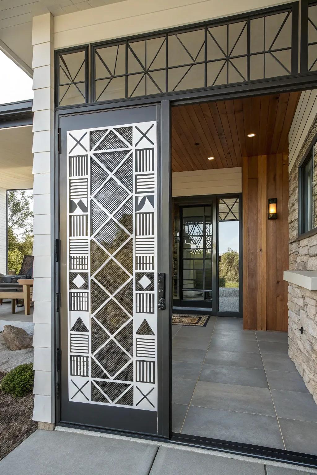 The geometric patterns on this screen door give this entryway a modern twist.
