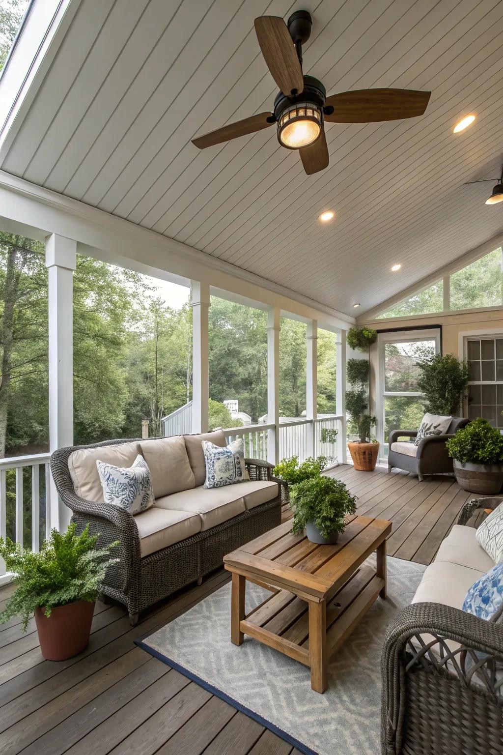 A cost-effective ceiling fan adds flair and comfort.