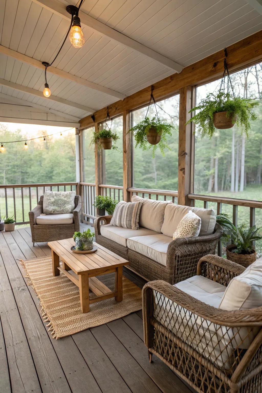 A veranda drawing inspiration from pastoral aesthetics emanates warmth and allure.