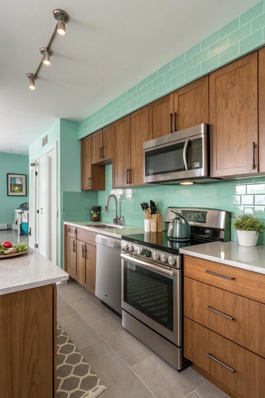 A contemporary kitchen presents fresh seafoam green walls and natural elements.