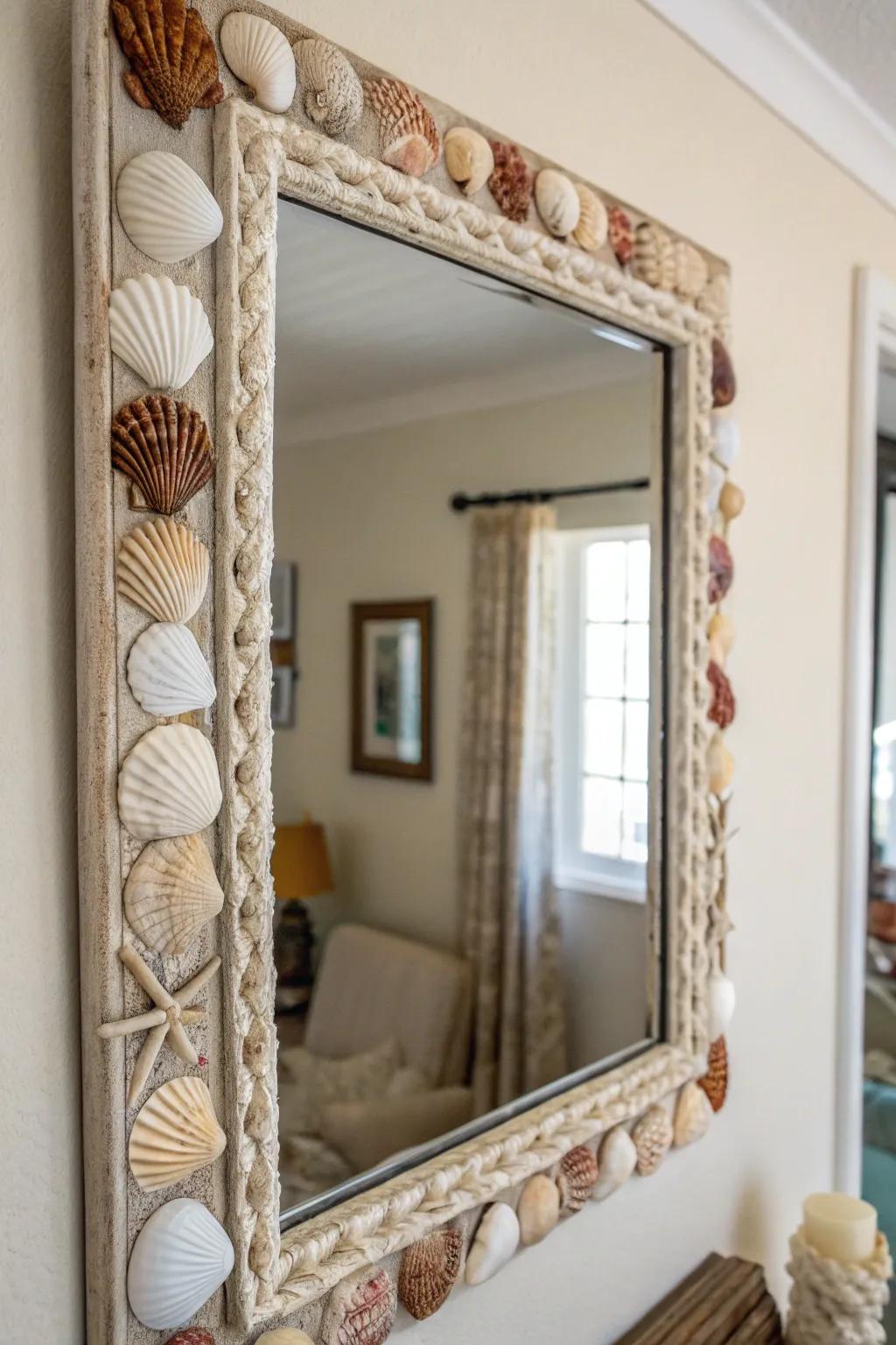 A looking glass encased in seashells introduces refinement with a seaside spin.