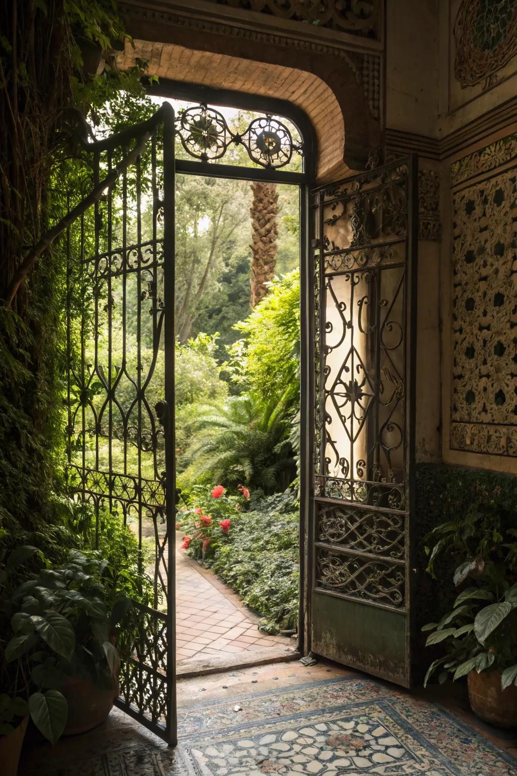 Elaborate metalwork adds elegance to this secret garden entrance.