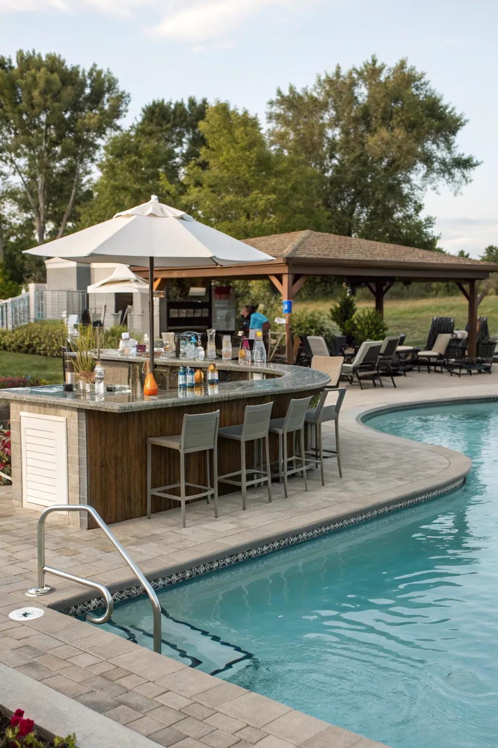 A semi inground pool featuring a stylish water's edge bar for entertaining.