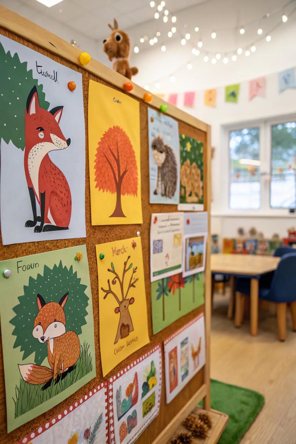 A magical bulletin board showcasing woodland creatures.