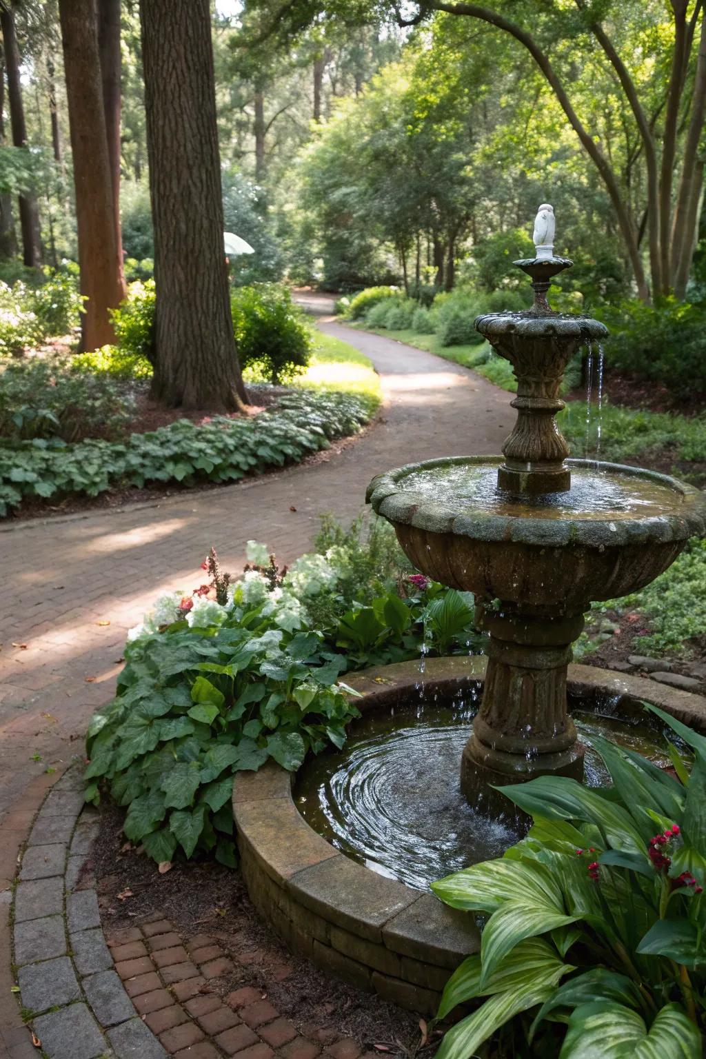 A gurgling fountain contributes tranquility to any garden.
