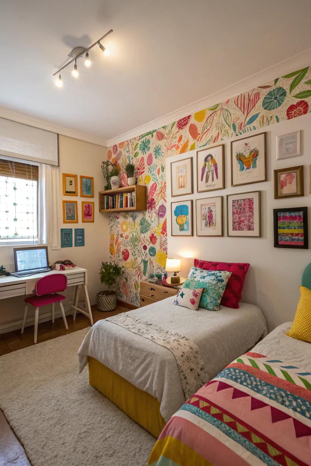 Cheerful wall decorations add character and color to a shared space.