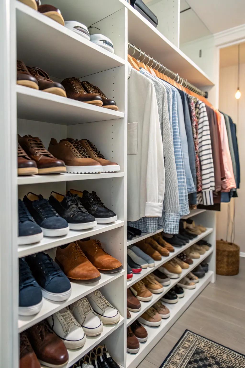 A closet featuring innovative racks for organized footwear storage.