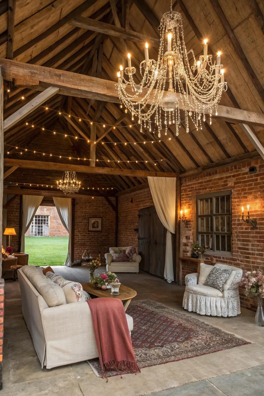 Elegance meets rustic charm with a hanging light in a barn transformation.