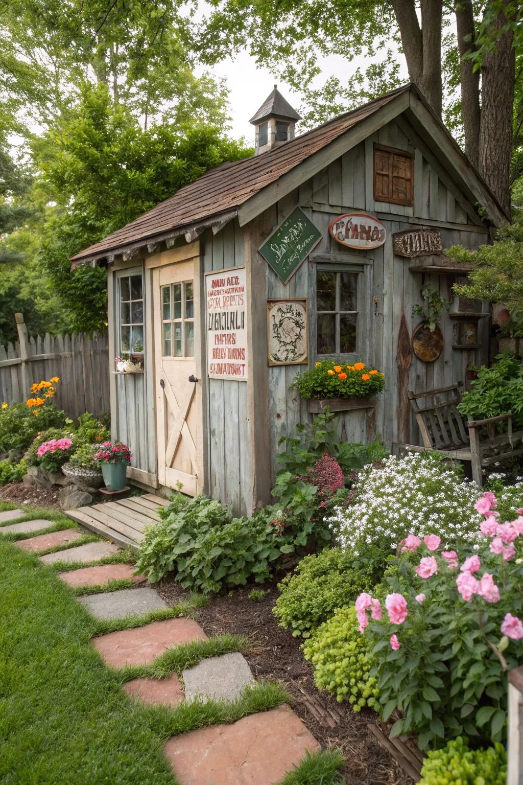 A garden shed adorned with appealing vintage signage.