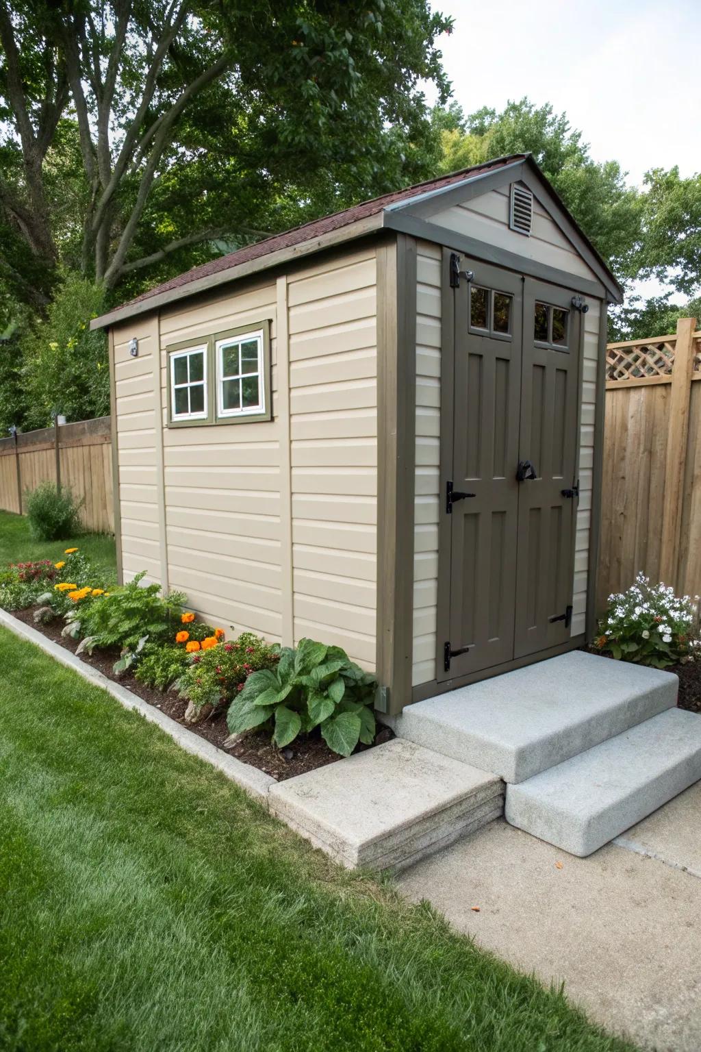 A garden shed securely anchored to its base ensures stability.