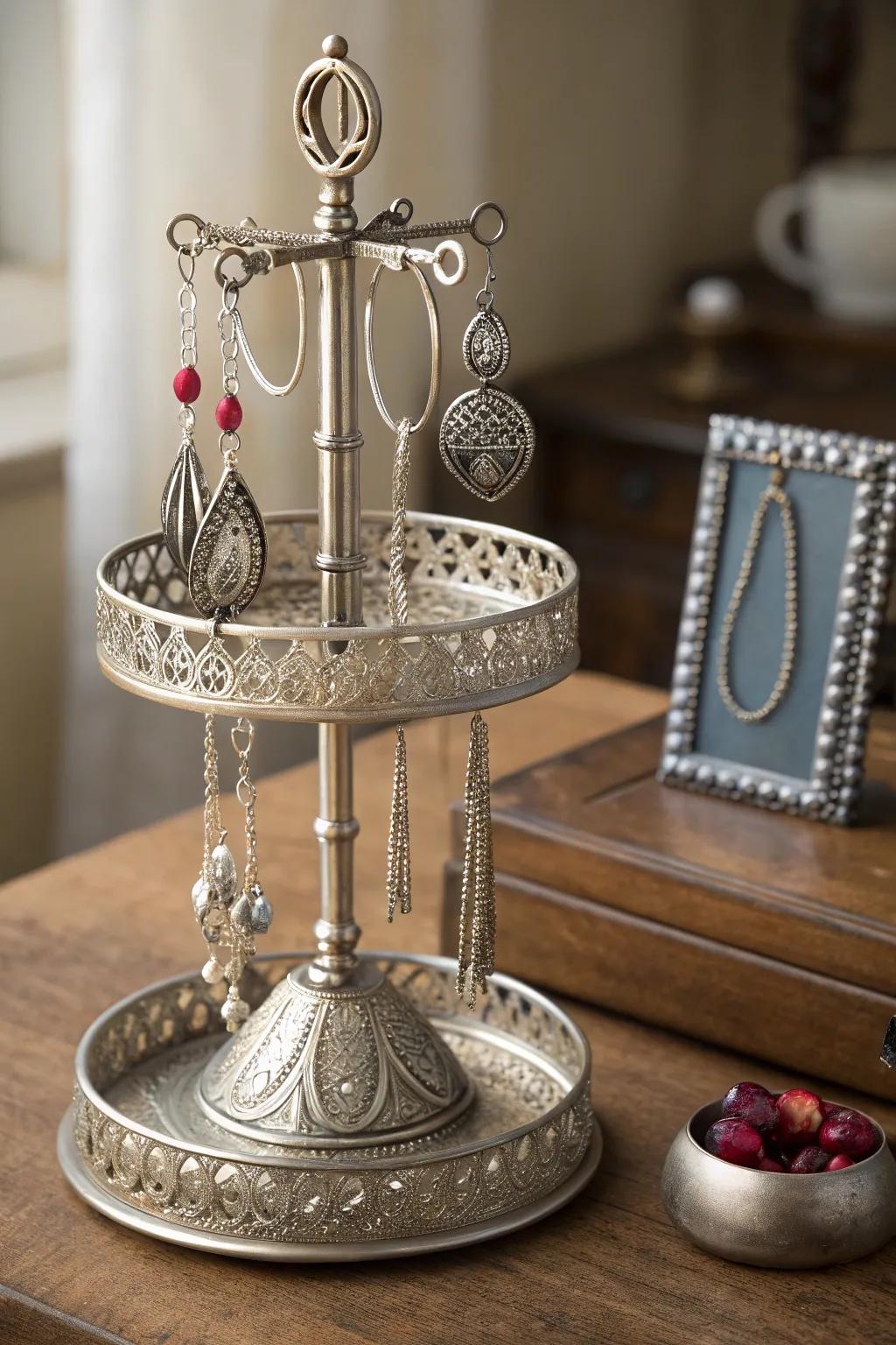 Organize your accessories using this handmade metal trinket display, where handiwork meets beauty.