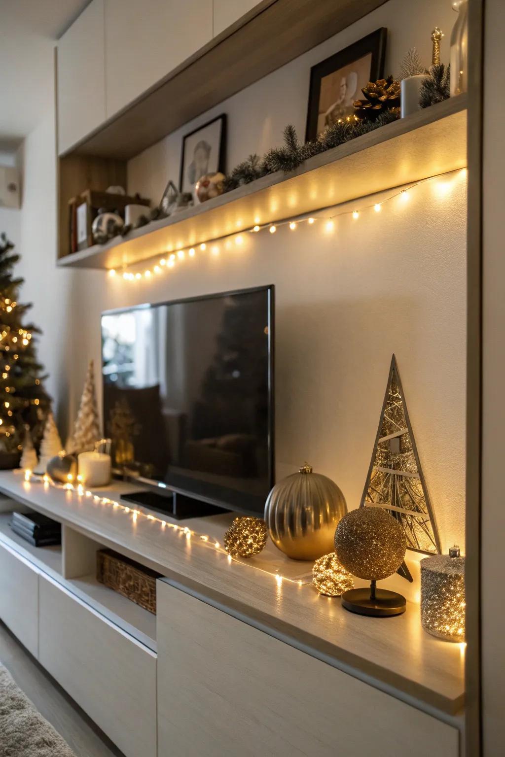 Accent lighting introduces warmth and accentuates decor above the TV.