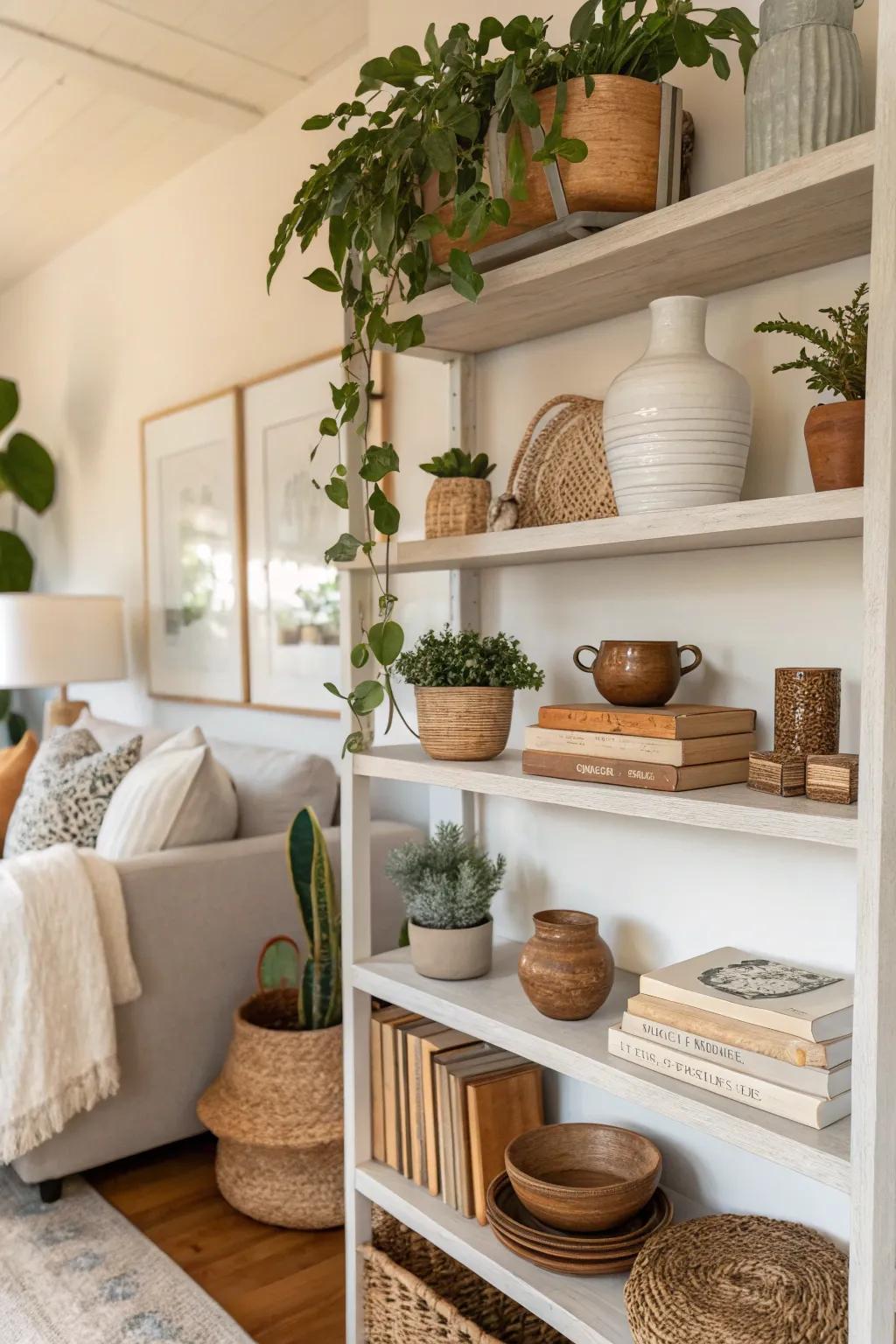 Neutral hues evoke a sense of tranquility and equilibrium on shelves.