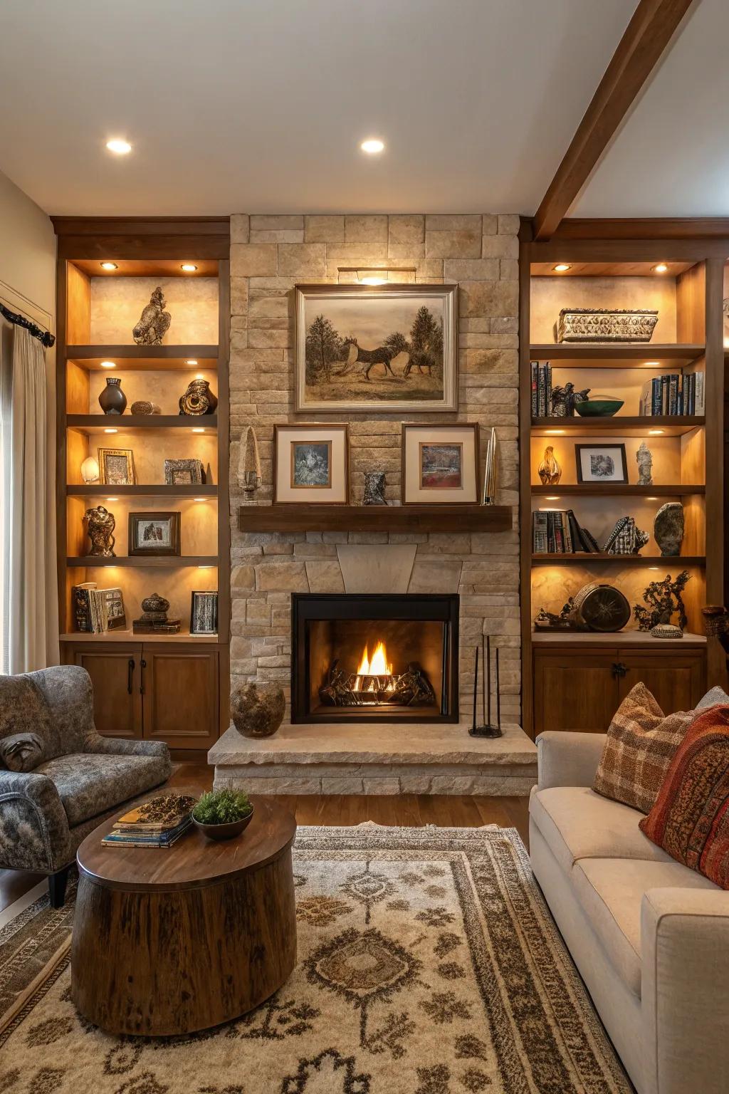 Shelves serve as a miniature gallery for artwork and sculptures.