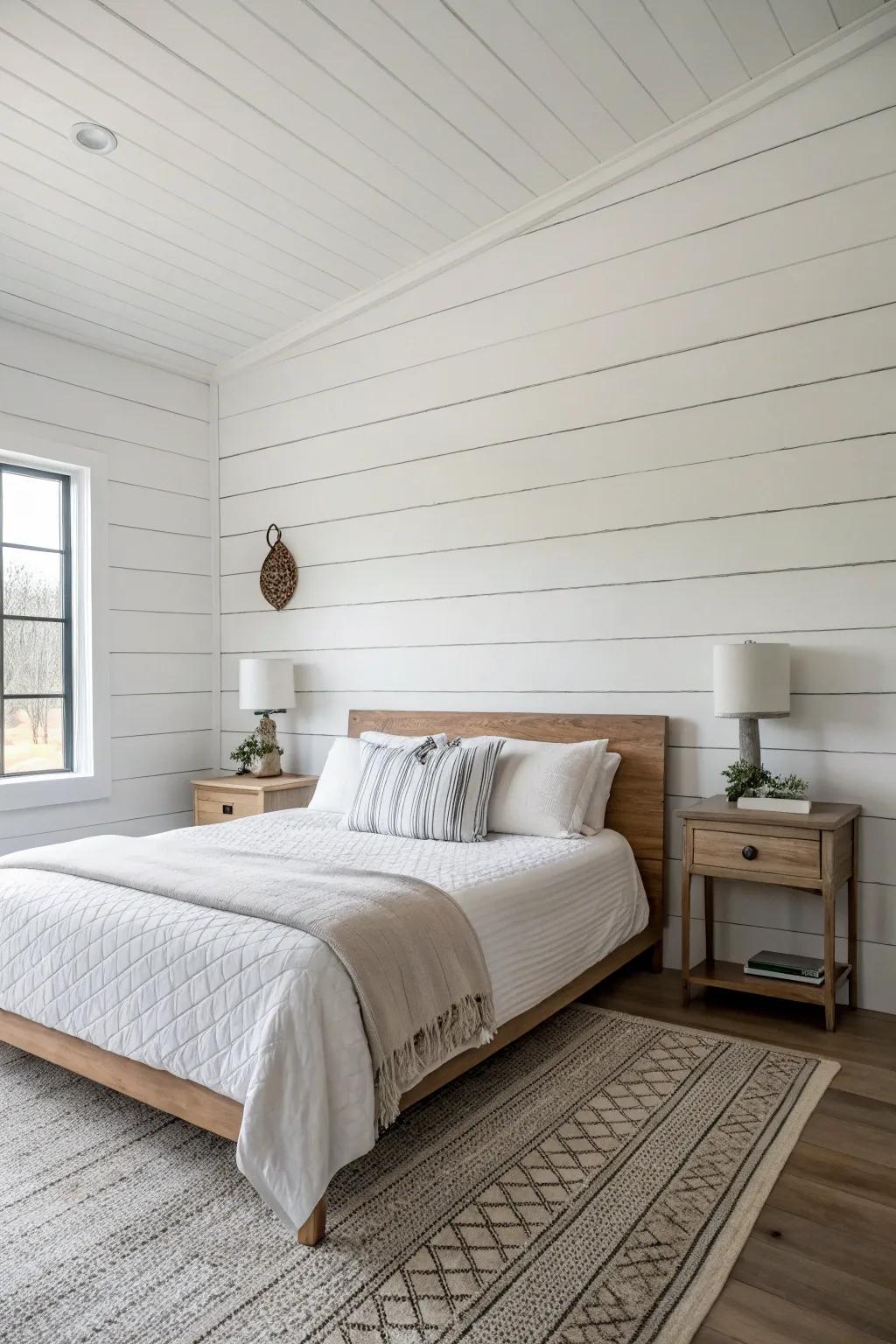 A minimalist shiplap wall can be the star of your bedroom design.