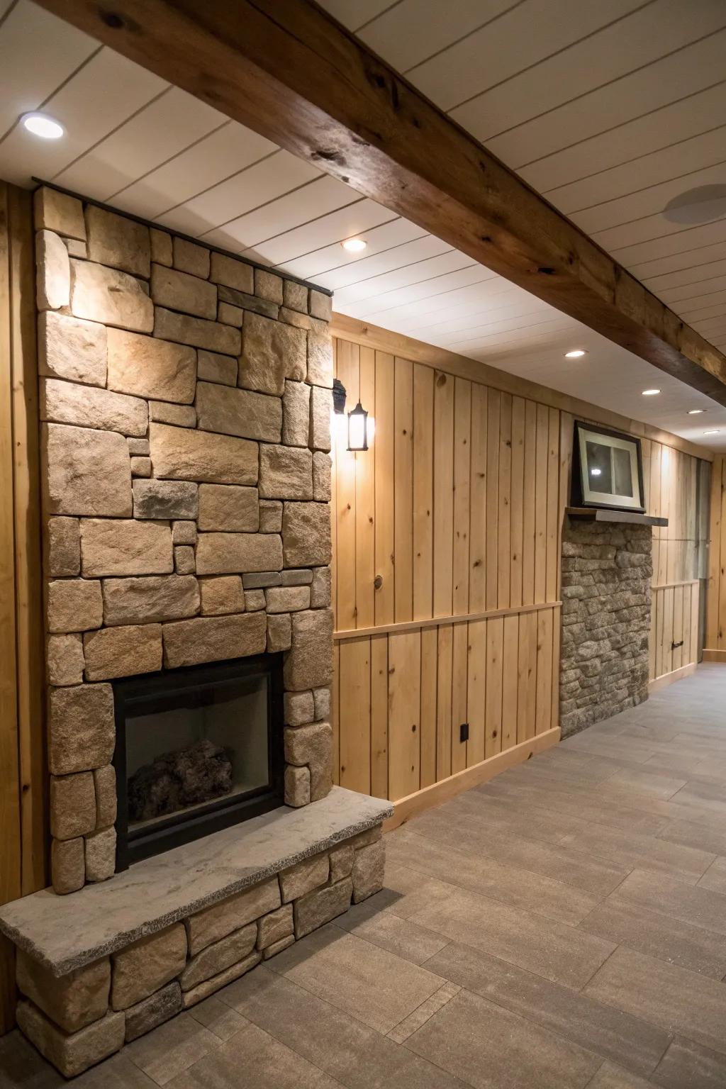 A basement featuring a combination of groove paneling walls and a stone fireplace.
