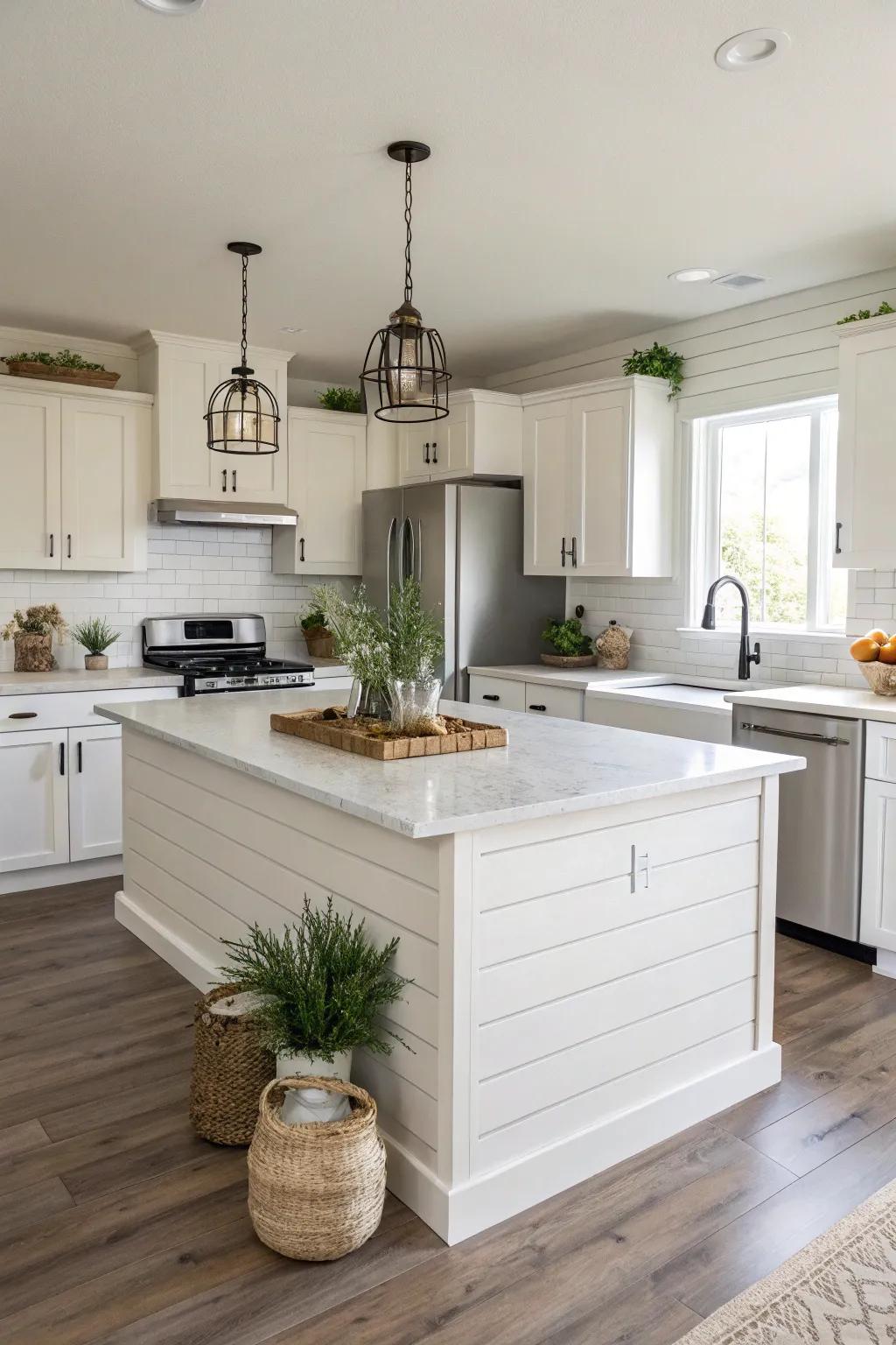 Minimalist horizontal panel island featuring tidy lines and simple decorations.