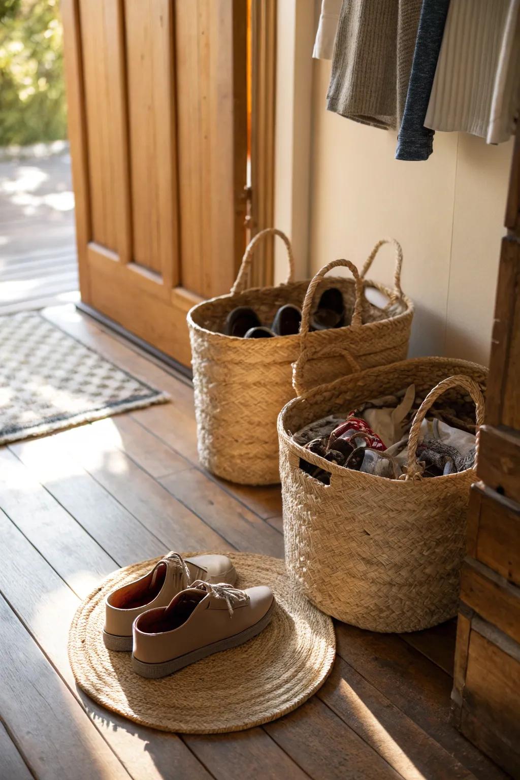 Jute baskets present a chic and sustainable choice for shoe storage.