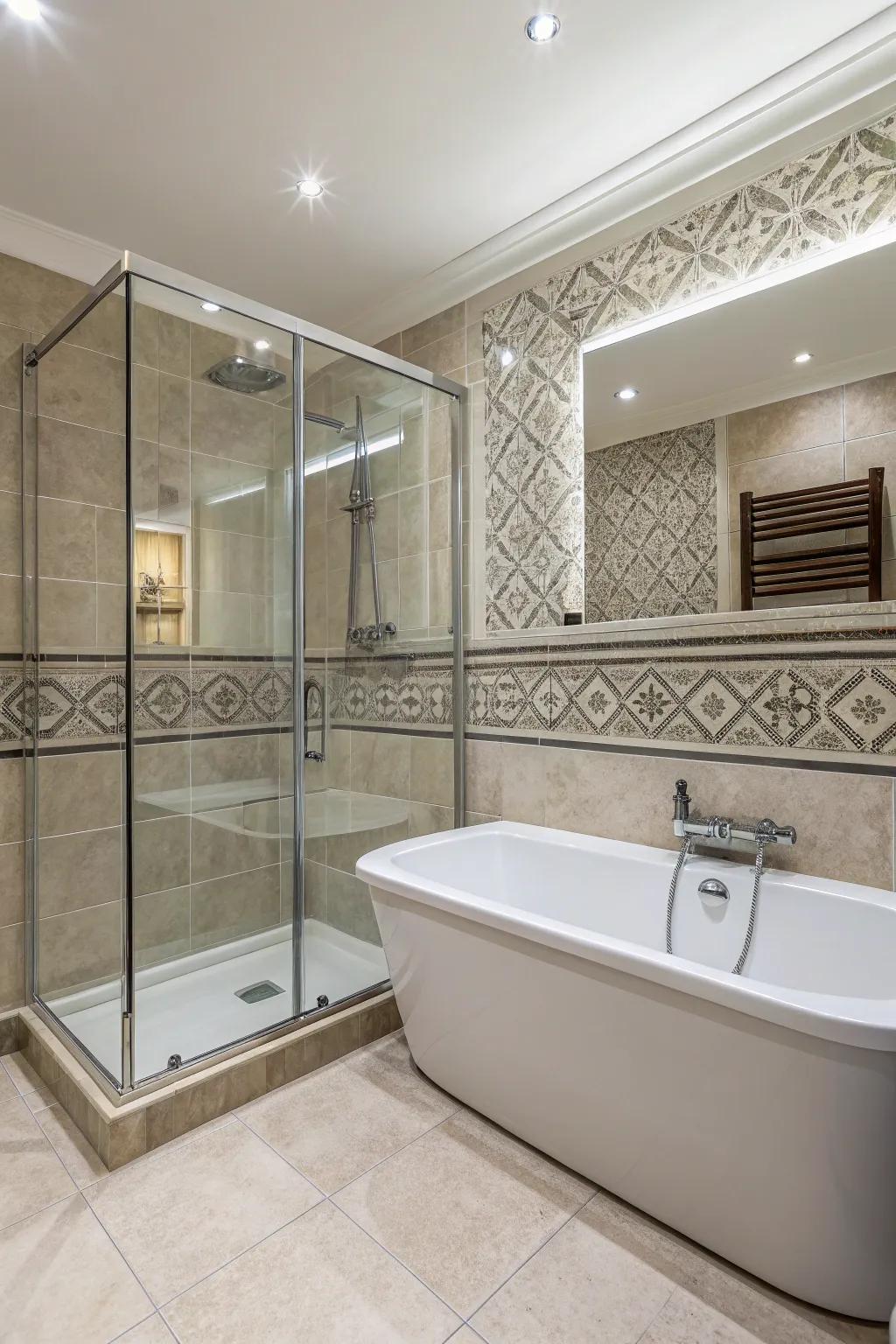 A combined bath and shower provides dual functionality in style.