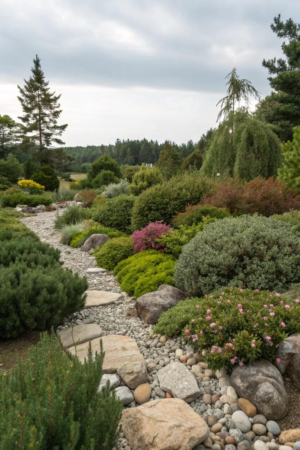 A naturalistic garden featuring a harmonious mix of shrubs and stones.