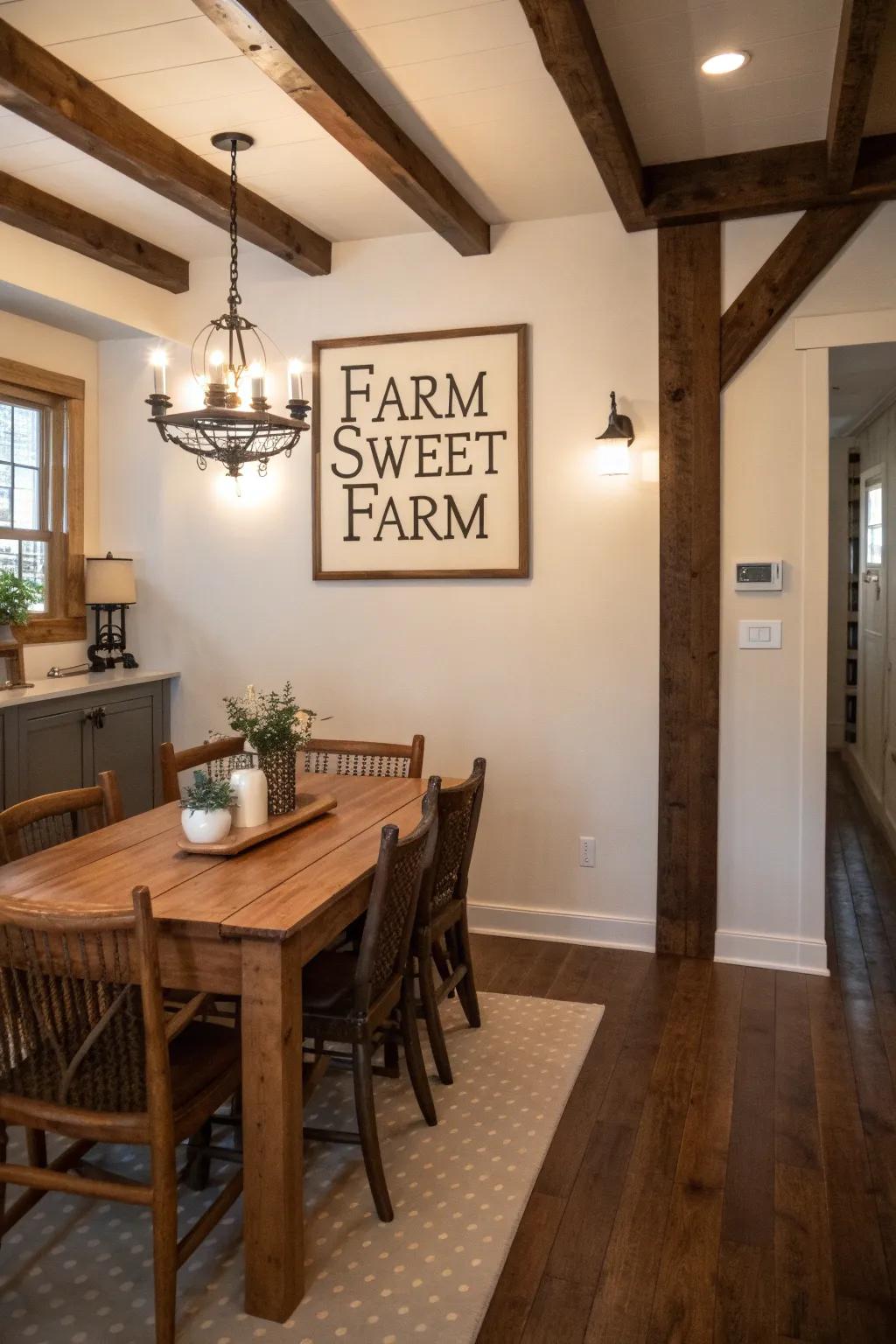 A country house-style dining room featuring a 'Country Home Sweet Home' board on the wall.