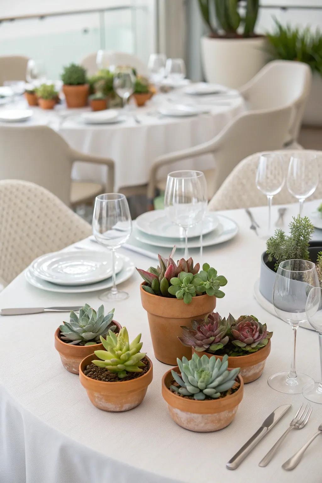 Fleshy plants in small containers add a fresh touch to this centerpiece.
