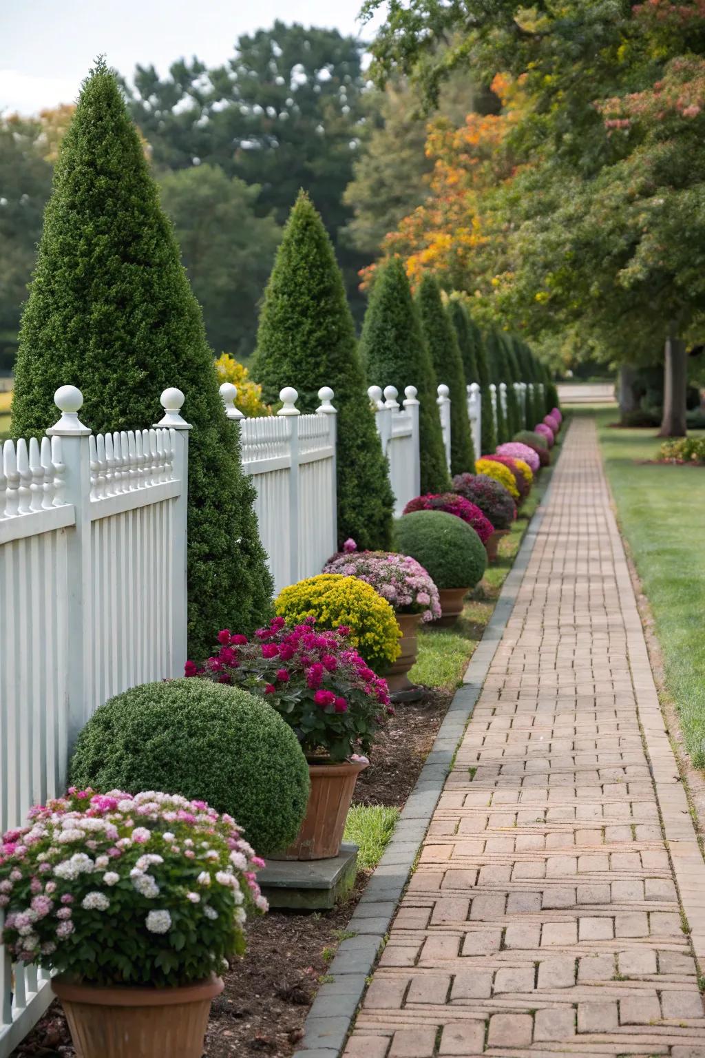 Symmetrical configurations contribute structure and equilibrium to fence landscaping.