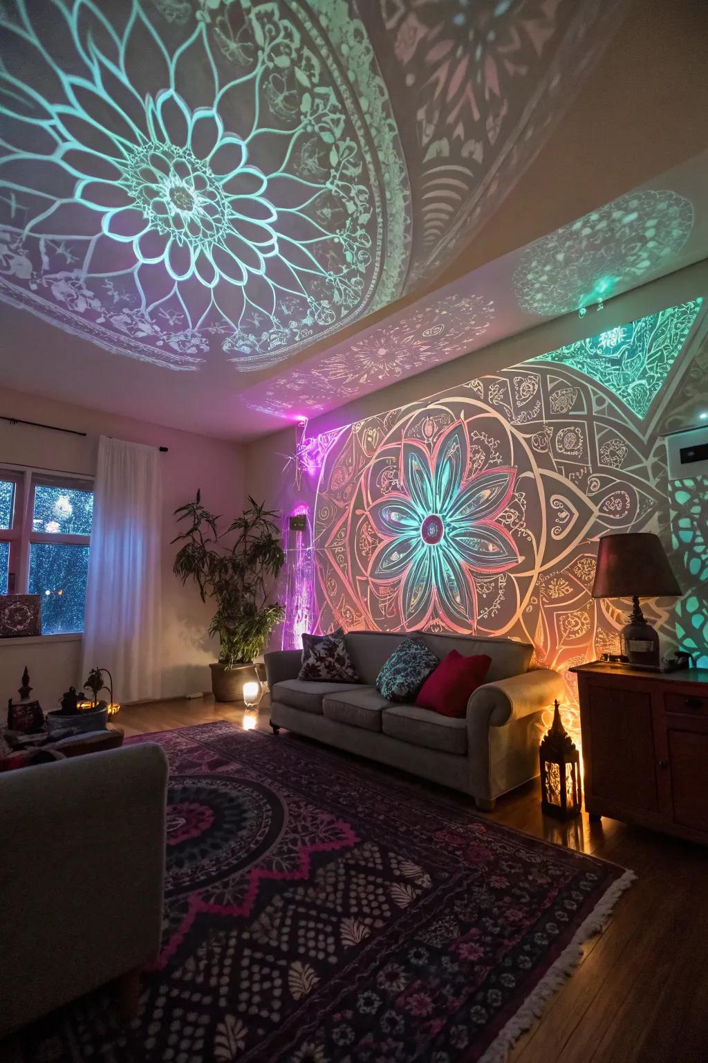 Fractal light projections turn a living room into a captivating visual experience.