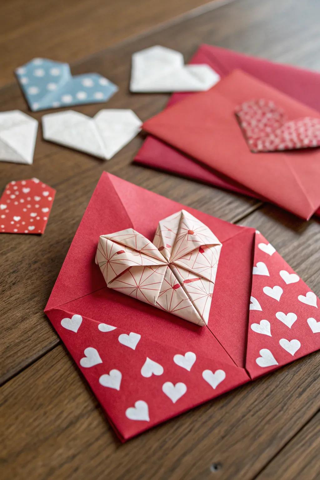 A refined card featuring a skillfully folded origami heart.