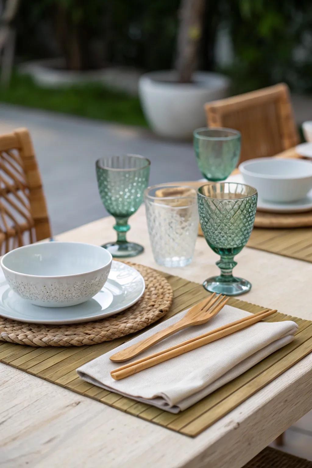 Eco-friendly utensils and glassware enhance the table's sustainability.