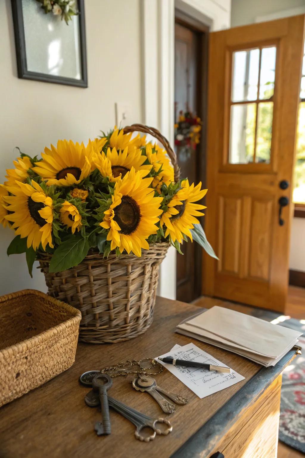 A rustic basket packed with sunflowers is a warm welcome for every guest.
