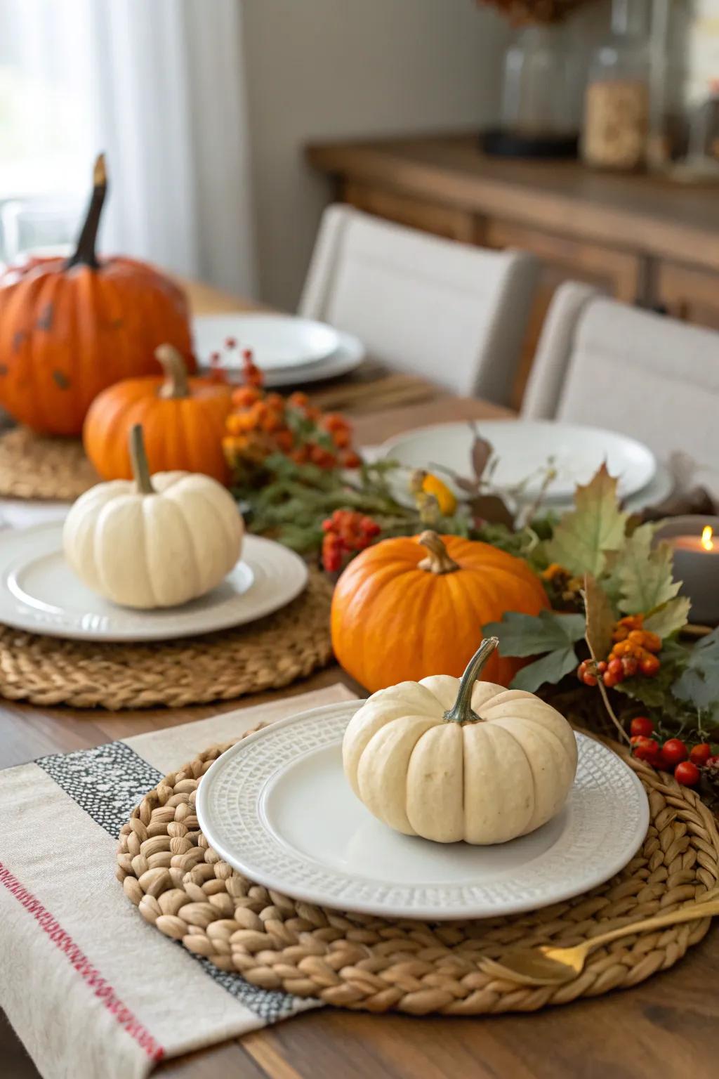 Seasonal accents, like pumpkins, add a cozy vibe.
