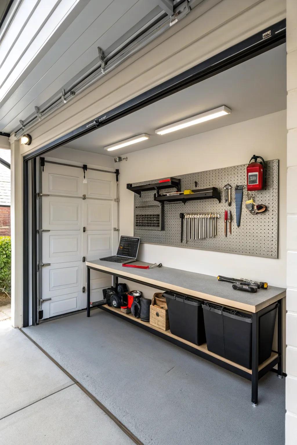 A fold-down workbench maximizes space without losing utility.