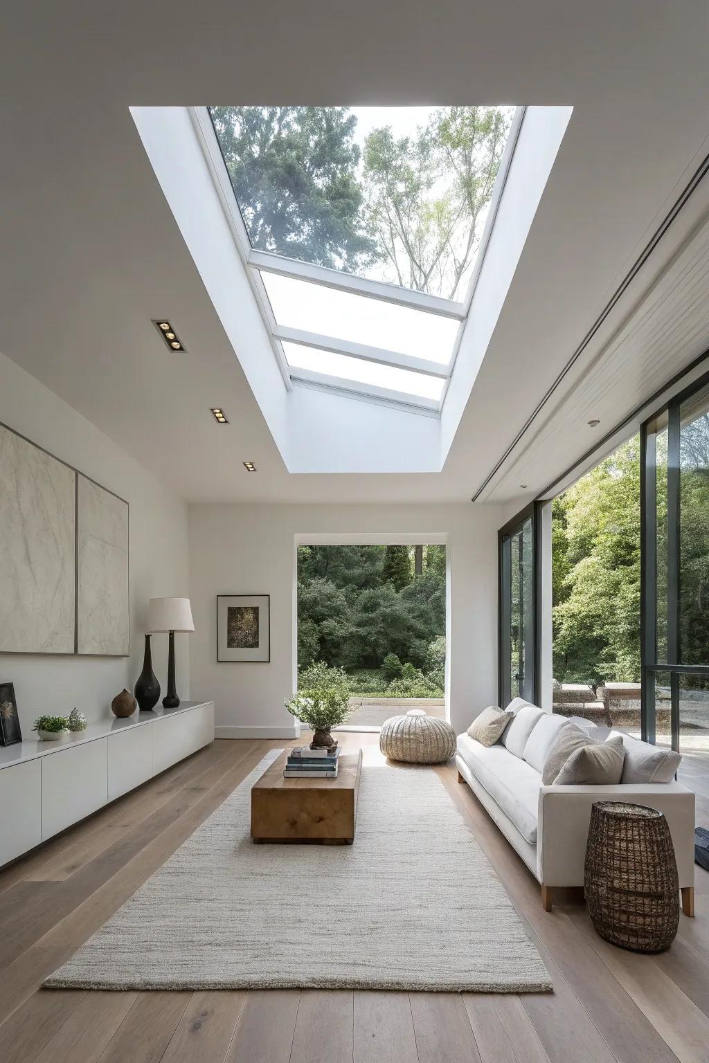 A minimalist room enhanced by a stylish skylight.