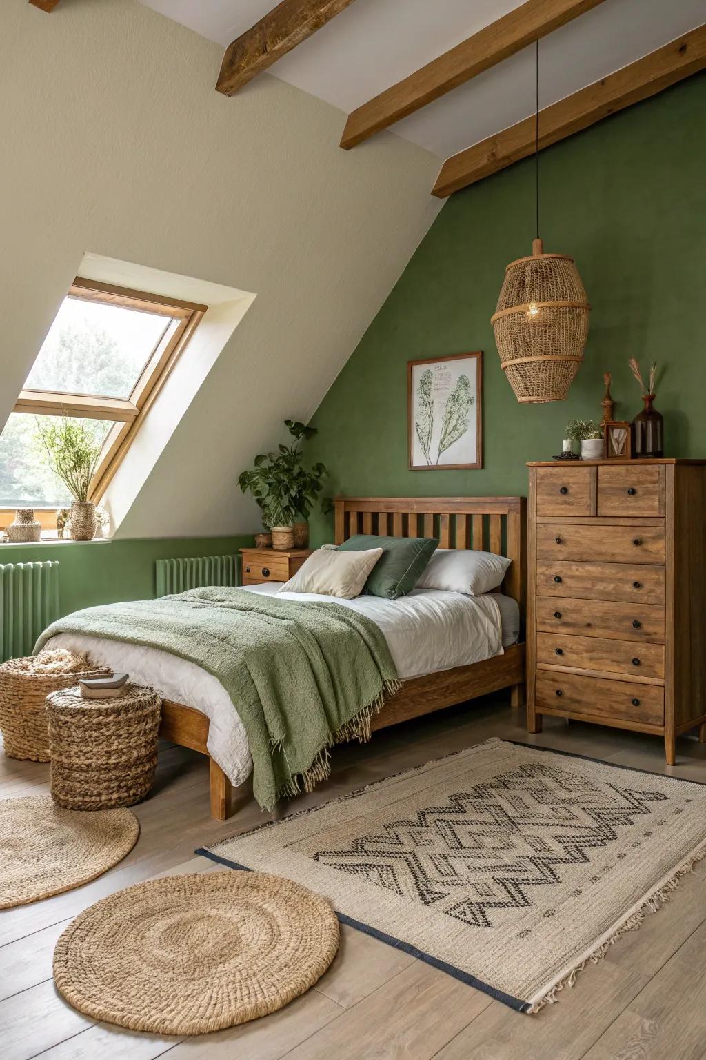 This comfortable bedroom is filled with warmth and a hint of the outdoors because to the earthy tones.