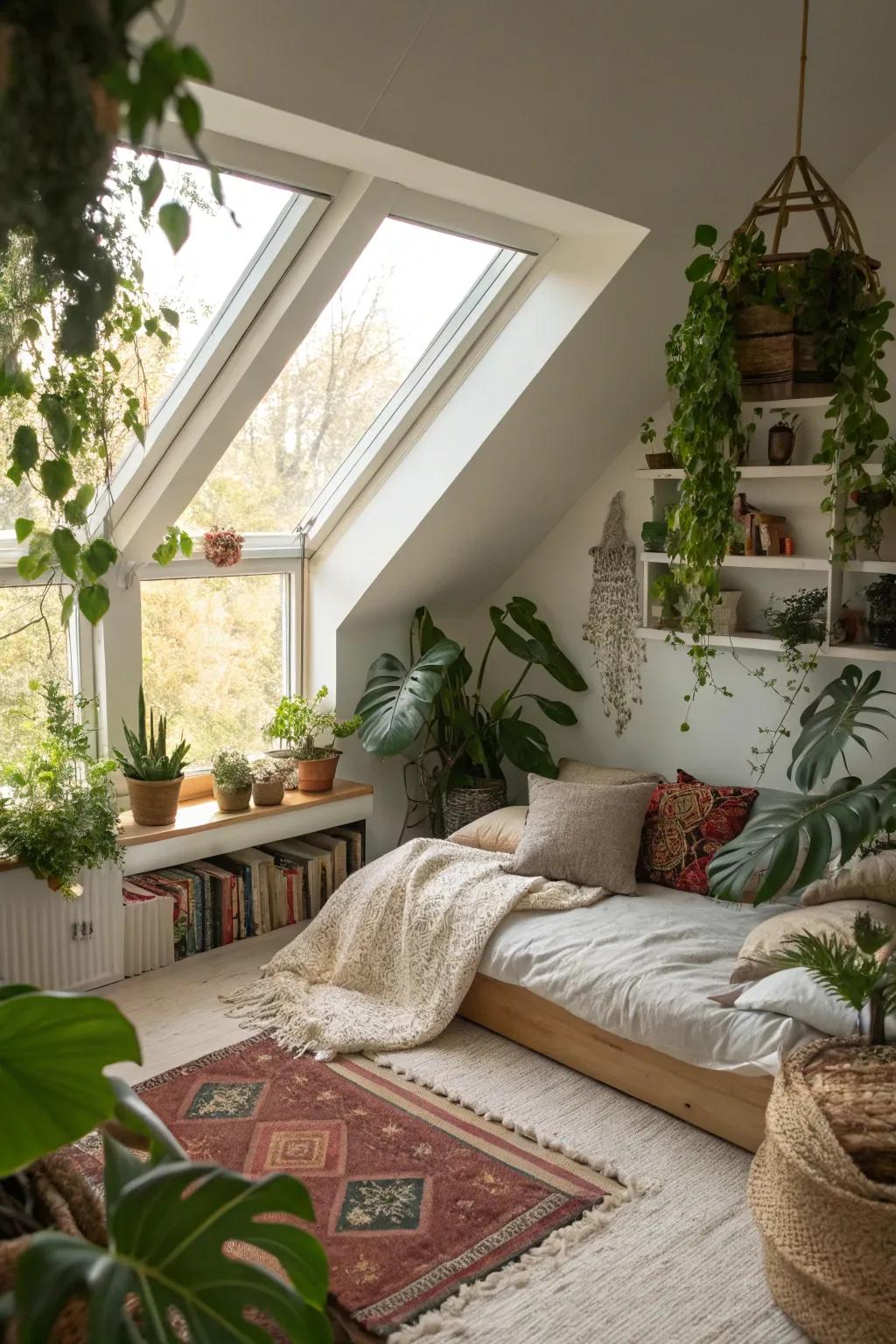 Foliage adds a refreshing touch to an attic bedroom.